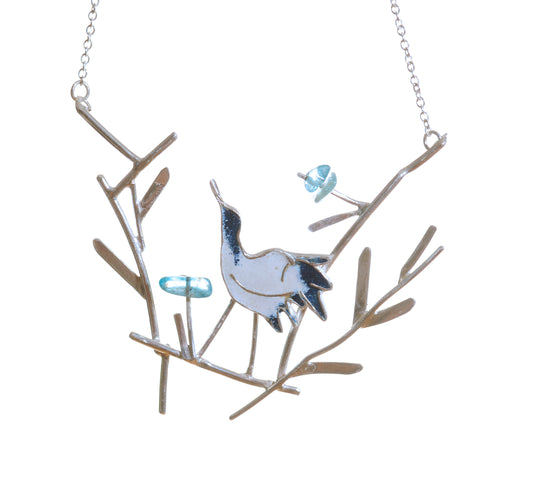 Crane with blue flowers necklace